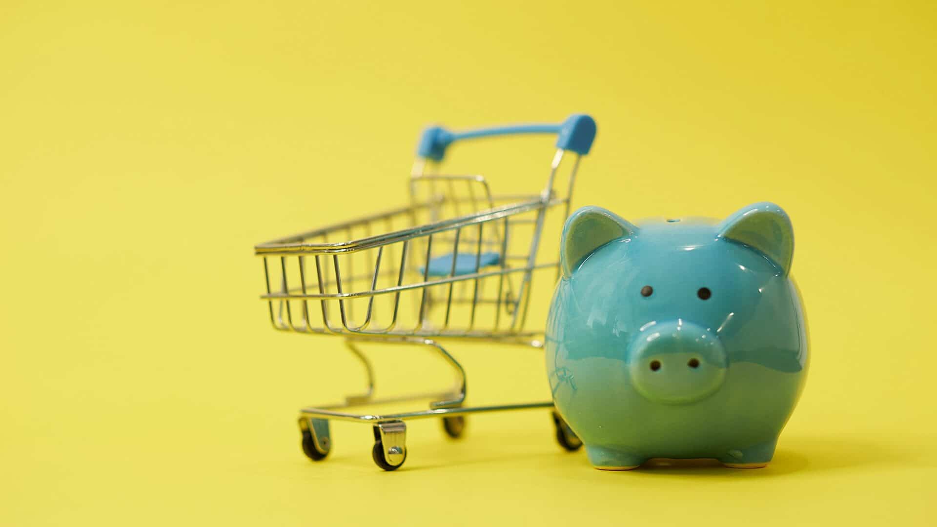 Piggy bank with basket on a blue background. online shopping, saving your family budget